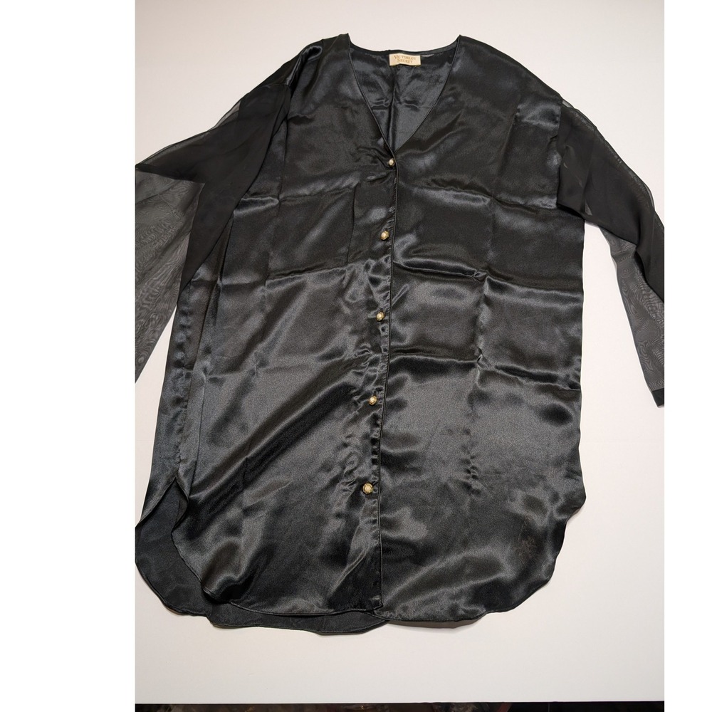 Vintage Victoria's Secret Gold Label Black Satin Sheer‎ Mesh Sleep Shirt 7505
